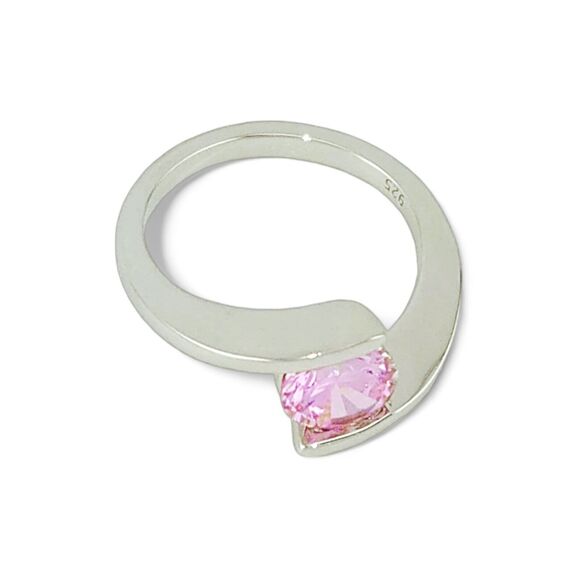 Sterling Silver 925 Round Bezel Pink CZ Ring - Picture 4 of 5